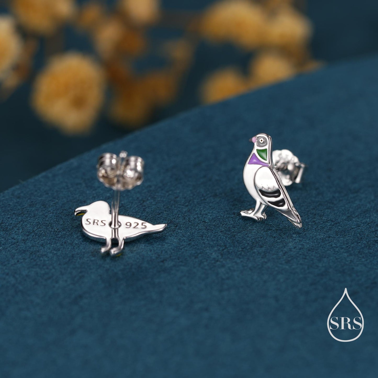 Quirky Mismatched Seagull and Pigeon Stud Earrings in Sterling Silver, Enamel Coated Pigeon Bird Earrings, Nature Inspired Animal Earrings