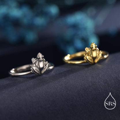 Sterling Silver Tiny Frog Ring, Silver or Gold Finish, Adjustable Size, Miniature Frog Jewellery, Frog Ring