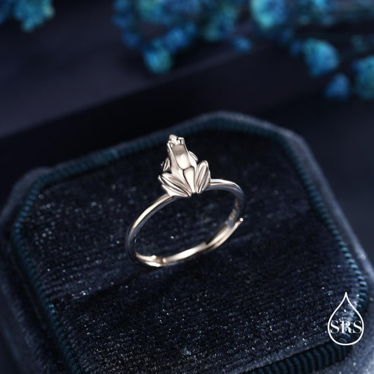 Sterling Silver Tiny Frog Ring, Silver or Gold Finish, Adjustable Size, Miniature Frog Jewellery, Frog Ring
