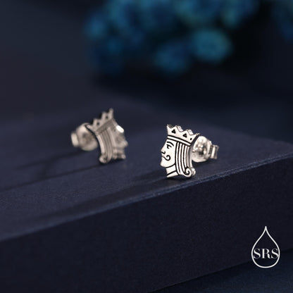 King of Hearts Sterling Silver Stud Earrings – Tiny Playing Card Design Earrings - Silver or Gold or Rose Gold Finish