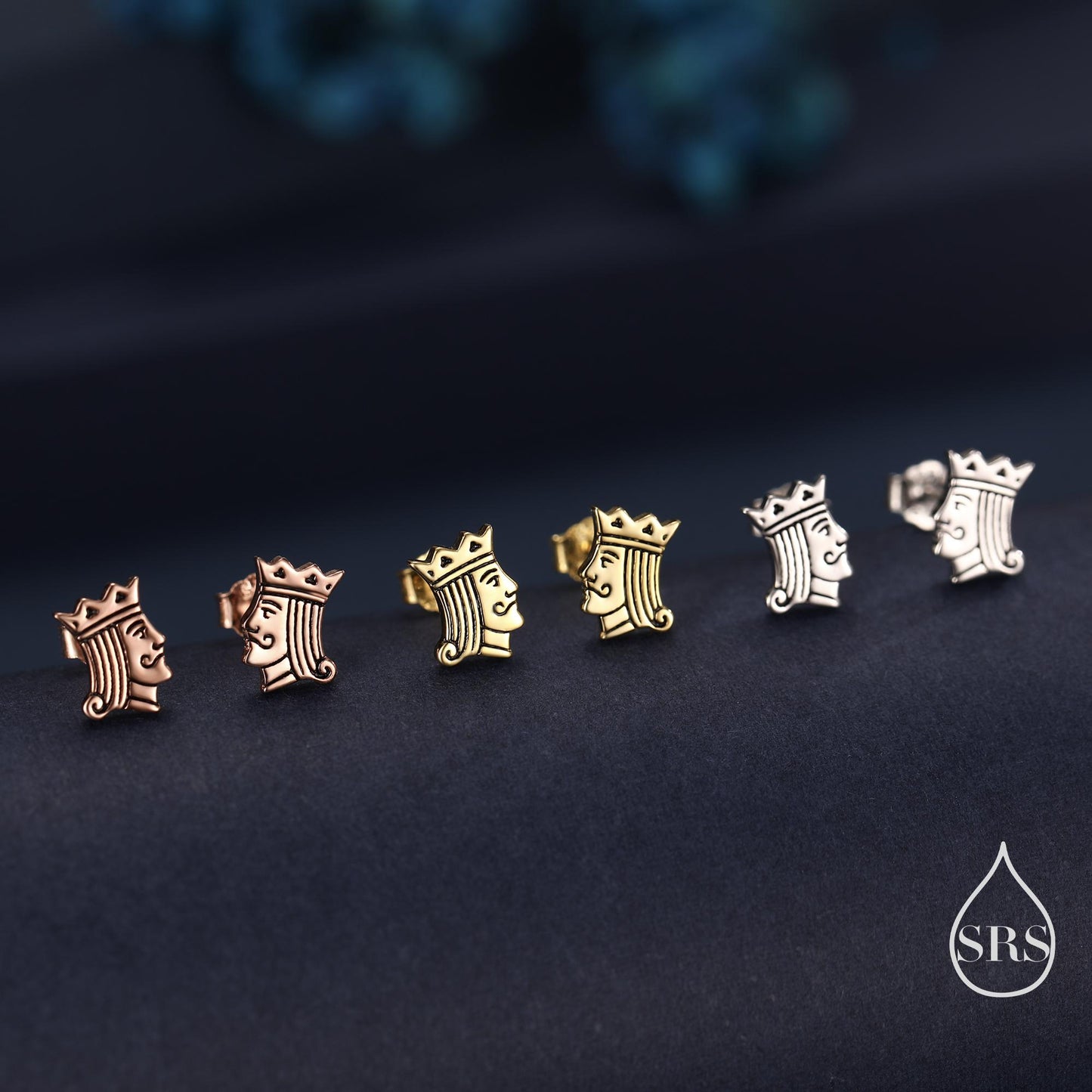 King of Hearts Sterling Silver Stud Earrings – Tiny Playing Card Design Earrings - Silver or Gold or Rose Gold Finish