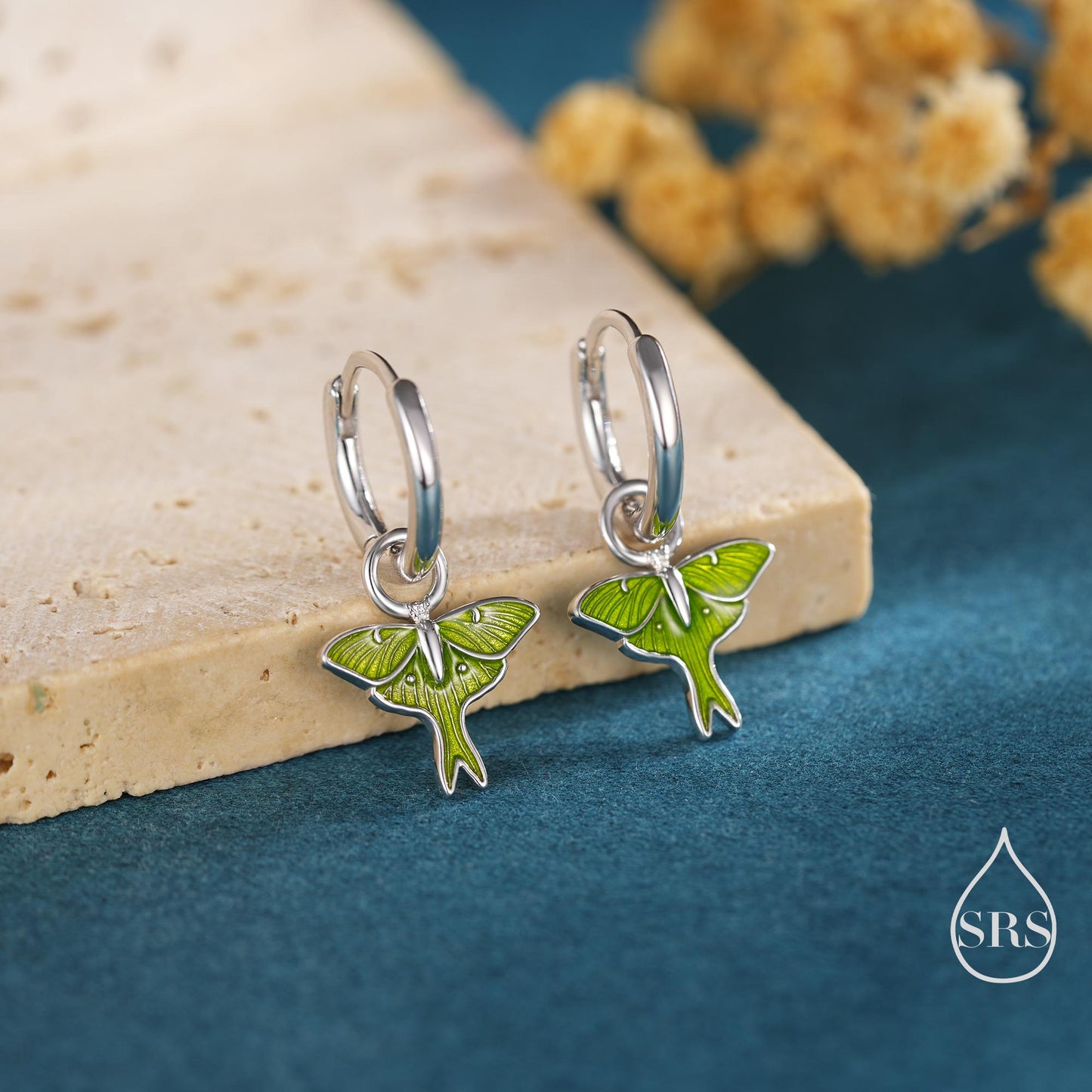 Lunar Moth Enamel Huggie Hoop Earrings in Sterling Silver, Green Enamel Butterfly Earrings, Insect Earrings, Nature-Inspired Animal Earrings