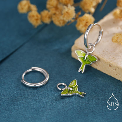 Lunar Moth Enamel Huggie Hoop Earrings in Sterling Silver, Green Enamel Butterfly Earrings, Insect Earrings, Nature-Inspired Animal Earrings