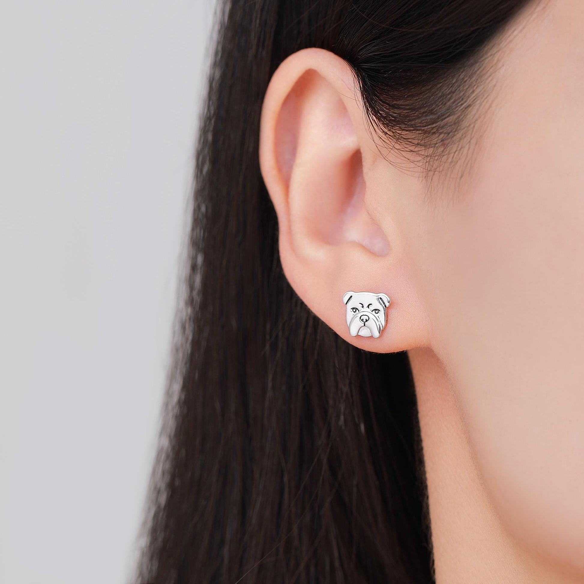 Cute Bulldog Stud Earrings in Sterling Silver, Silver, Gold or Rose Gold, Small Bulldog Earrings, Silver Dog Earrings