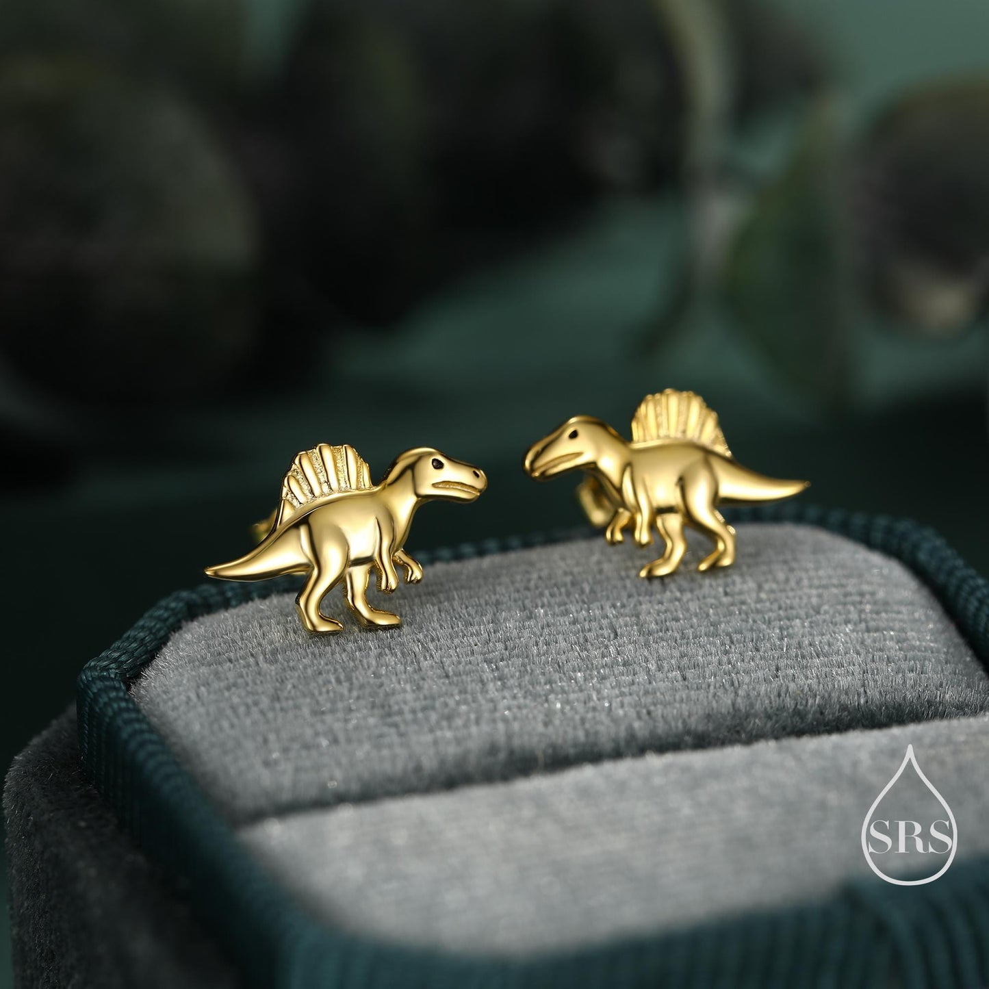 Spinosaurus Dinosaur Sterling Silver Stud Earrings – Minimalist Prehistoric Design, Silver, Gold or Rose Gold Finish, Tiny Dino Earrings