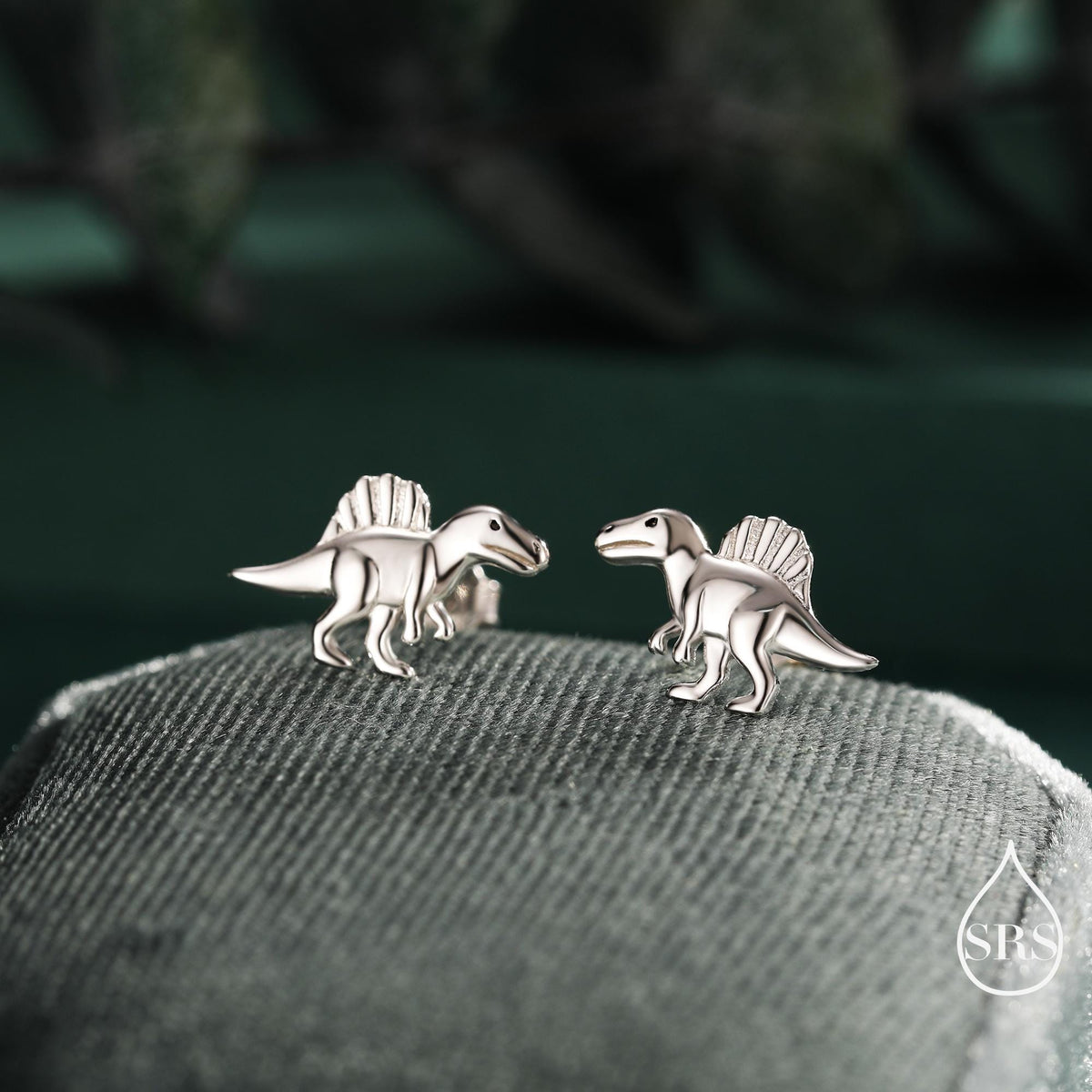 Spinosaurus Dinosaur Sterling Silver Stud Earrings – Minimalist Prehistoric Design, Silver, Gold or Rose Gold Finish, Tiny Dino Earrings
