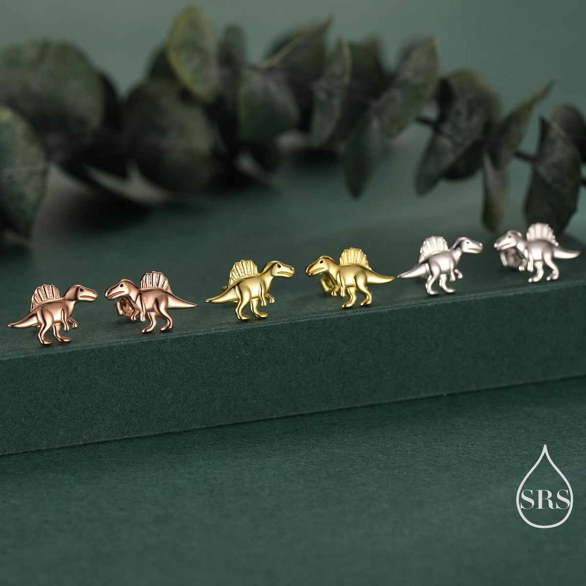 Spinosaurus Dinosaur Sterling Silver Stud Earrings – Minimalist Prehistoric Design, Silver, Gold or Rose Gold Finish, Tiny Dino Earrings