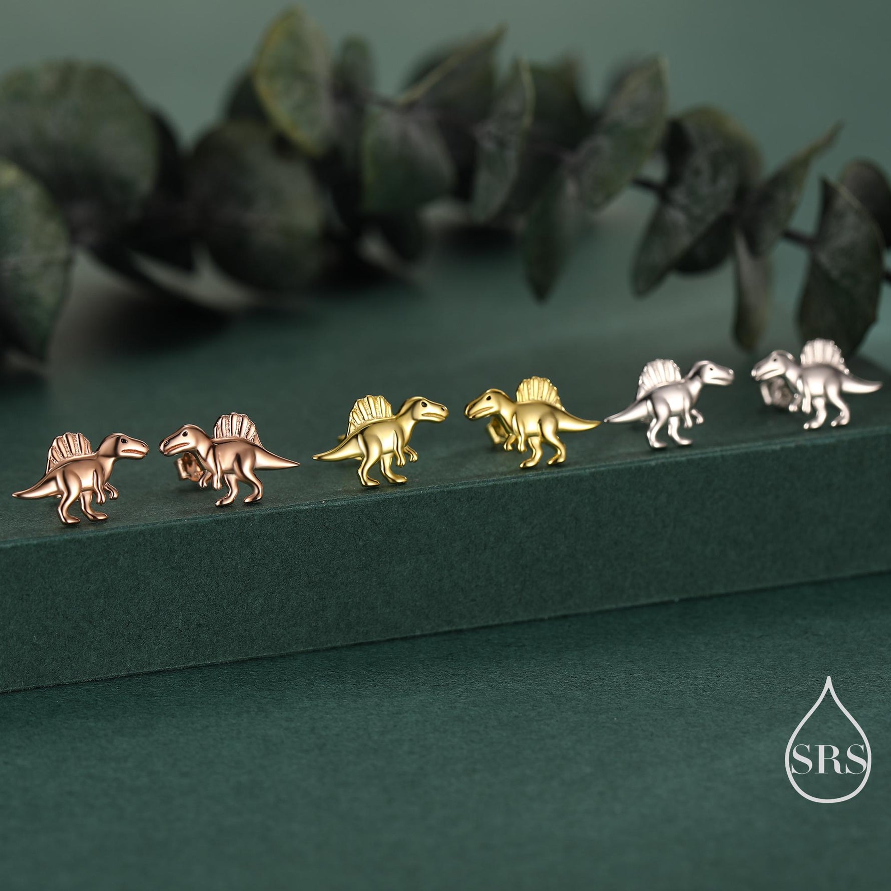 Spinosaurus Dinosaur Sterling Silver Stud Earrings – Minimalist Prehistoric Design, Silver, Gold or Rose Gold Finish, Tiny Dino Earrings