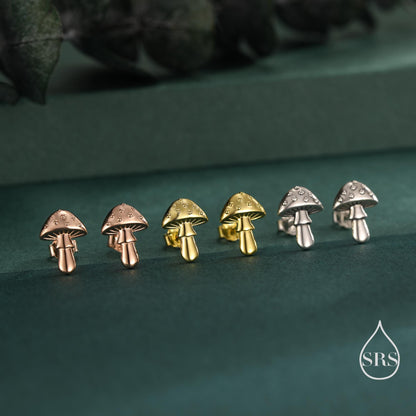 Cute Mushroom Stud Earrings in Sterling Silver, Oxidised Silver or Gold or Rose Gold Finish, Small Mushroom Earrings