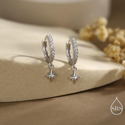 Tiny CZ Starburst Huggie Hoop Earrings in Sterling Silver, Silver or Gold, North Star Earrings, Sunburst Earrings, Celestial