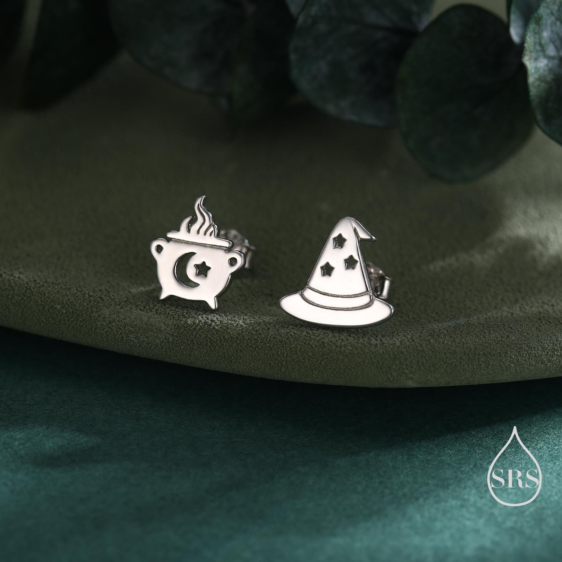 Mismatched Cauldron and Witch Hat Stud Earrings in Sterling Silver, Silver, Gold or Rose Gold, Small Halloween Earrings