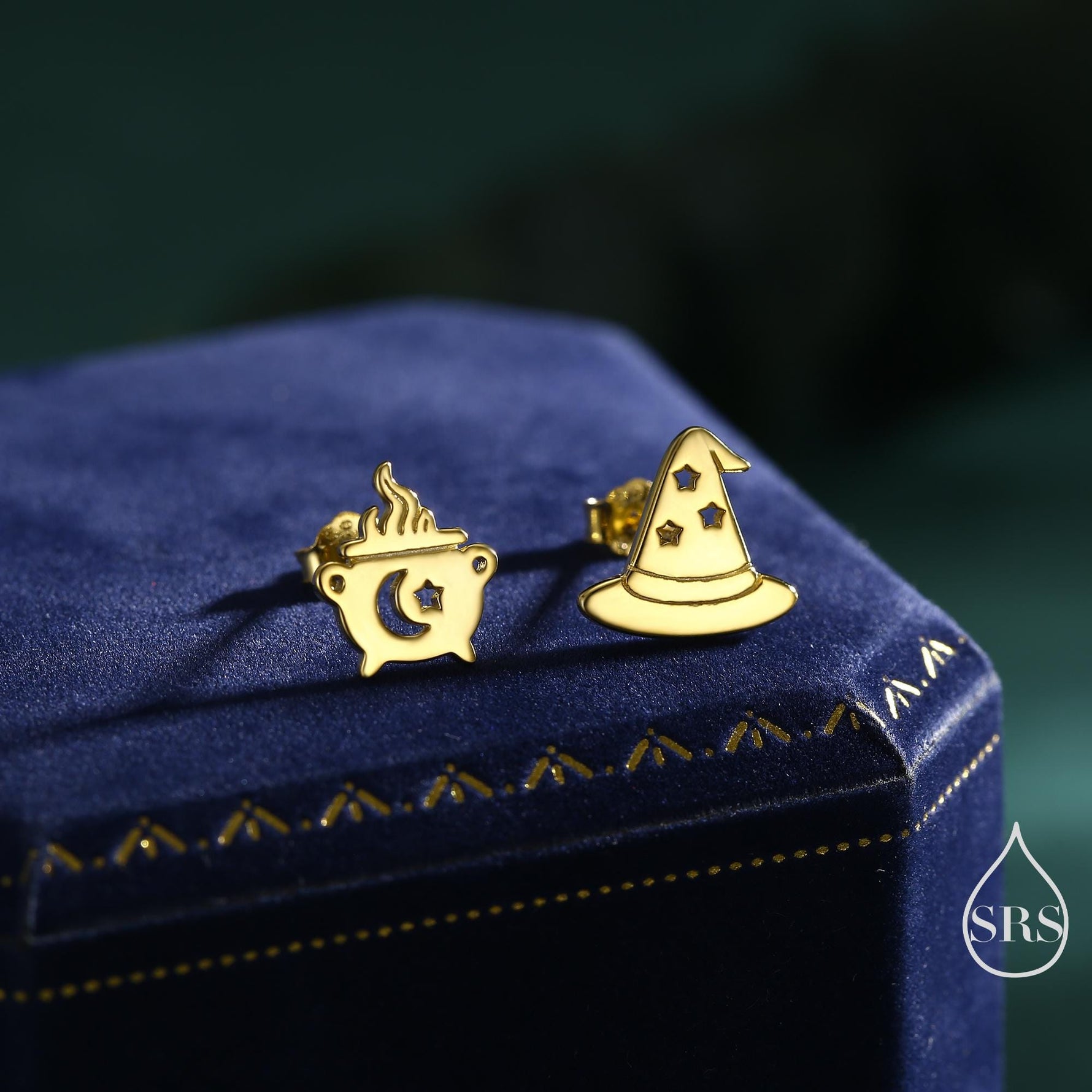 Mismatched Cauldron and Witch Hat Stud Earrings in Sterling Silver, Silver, Gold or Rose Gold, Small Halloween Earrings