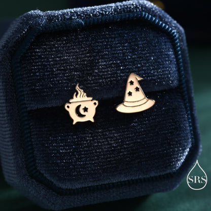 Mismatched Cauldron and Witch Hat Stud Earrings in Sterling Silver, Silver, Gold or Rose Gold, Small Halloween Earrings