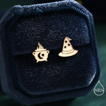 Mismatched Cauldron and Witch Hat Stud Earrings in Sterling Silver, Silver, Gold or Rose Gold, Small Halloween Earrings