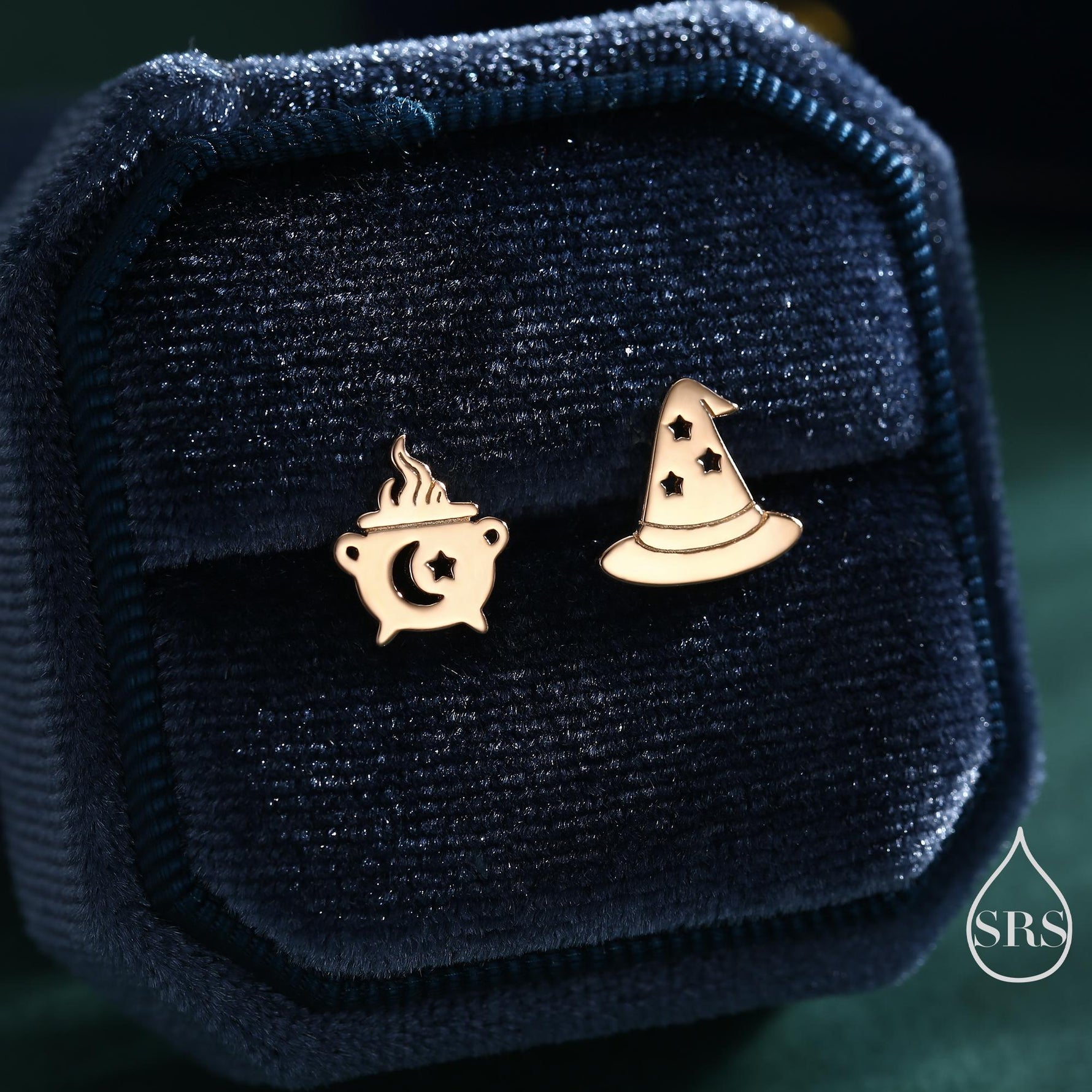 Mismatched Cauldron and Witch Hat Stud Earrings in Sterling Silver, Silver, Gold or Rose Gold, Small Halloween Earrings
