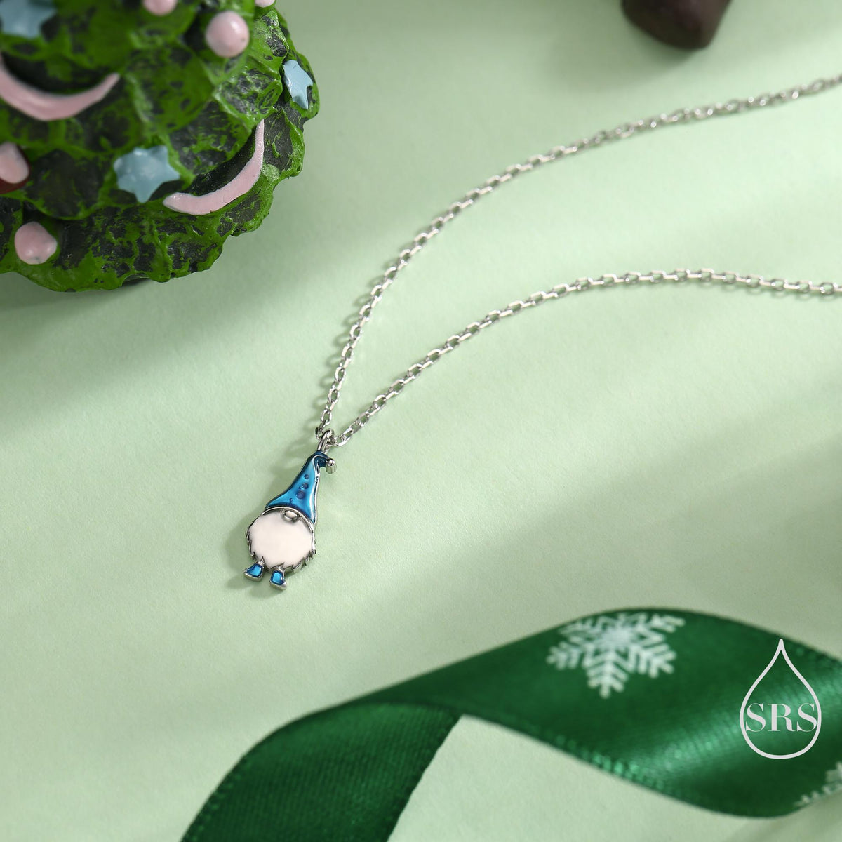 Tiny Gnome Pendant Necklace in Sterling Silver, Blue or Red, Cute Gnome Necklace, Silver Gnome Necklace