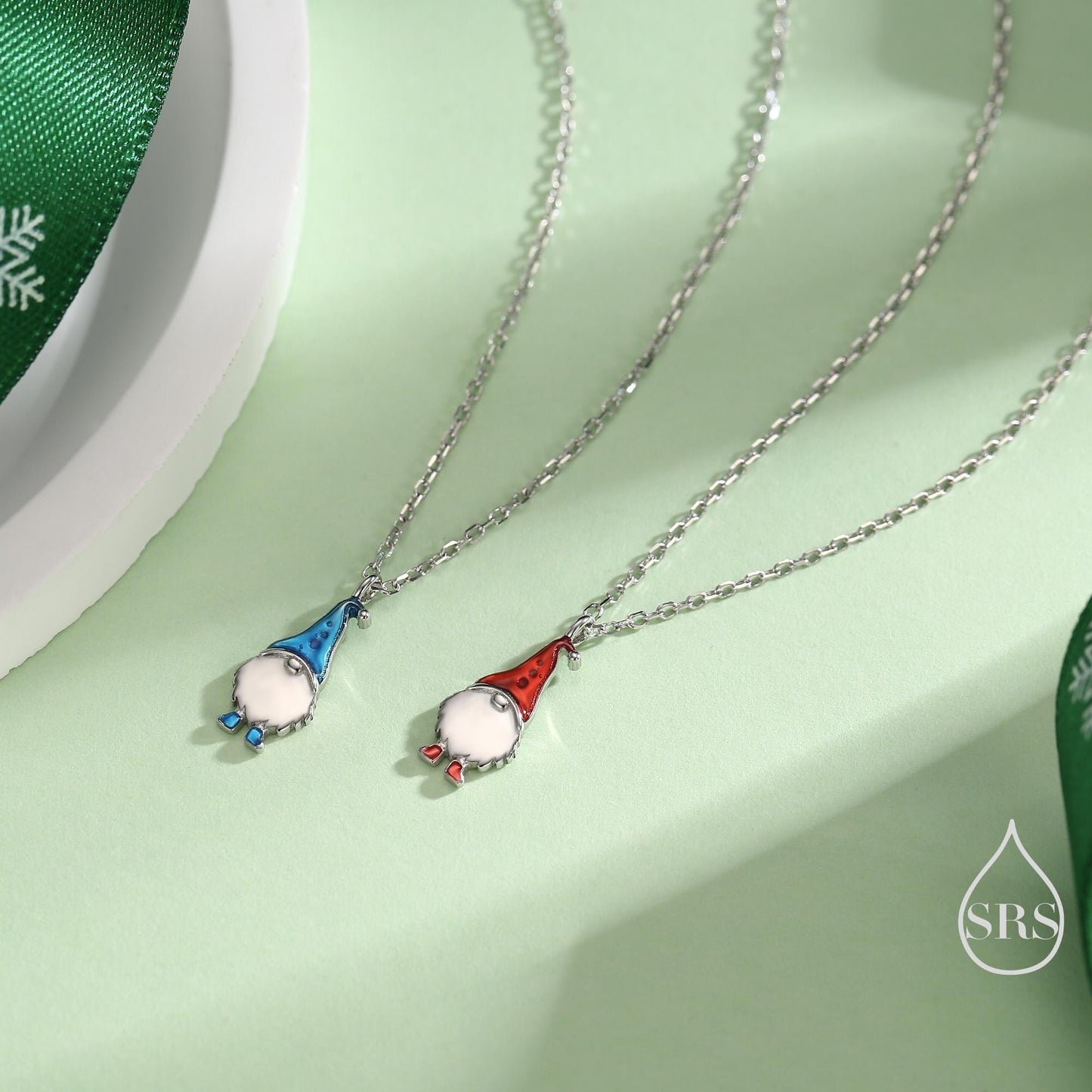 Tiny Gnome Pendant Necklace in Sterling Silver, Blue or Red, Cute Gnome Necklace, Silver Gnome Necklace