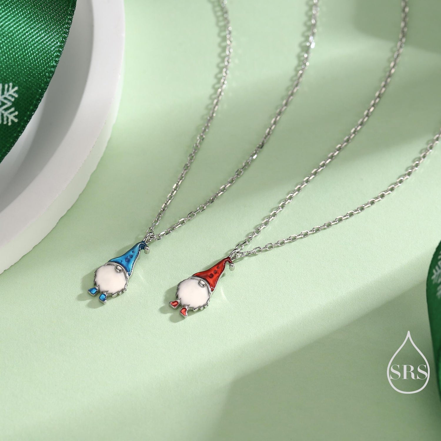Tiny Gnome Pendant Necklace in Sterling Silver, Blue or Red, Cute Gnome Necklace, Silver Gnome Necklace