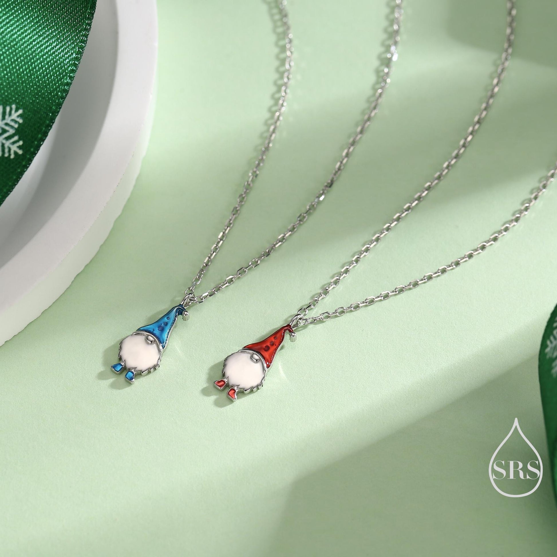 Tiny Gnome Pendant Necklace in Sterling Silver, Blue or Red, Cute Gnome Necklace, Silver Gnome Necklace