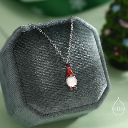 Tiny Gnome Pendant Necklace in Sterling Silver, Blue or Red, Cute Gnome Necklace, Silver Gnome Necklace