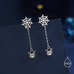 Dangling Spider and Spider Web Stud Earrings in Sterling Silver, Silver or Gold or Rose Gold, Nature Inspired, Insect Earrings