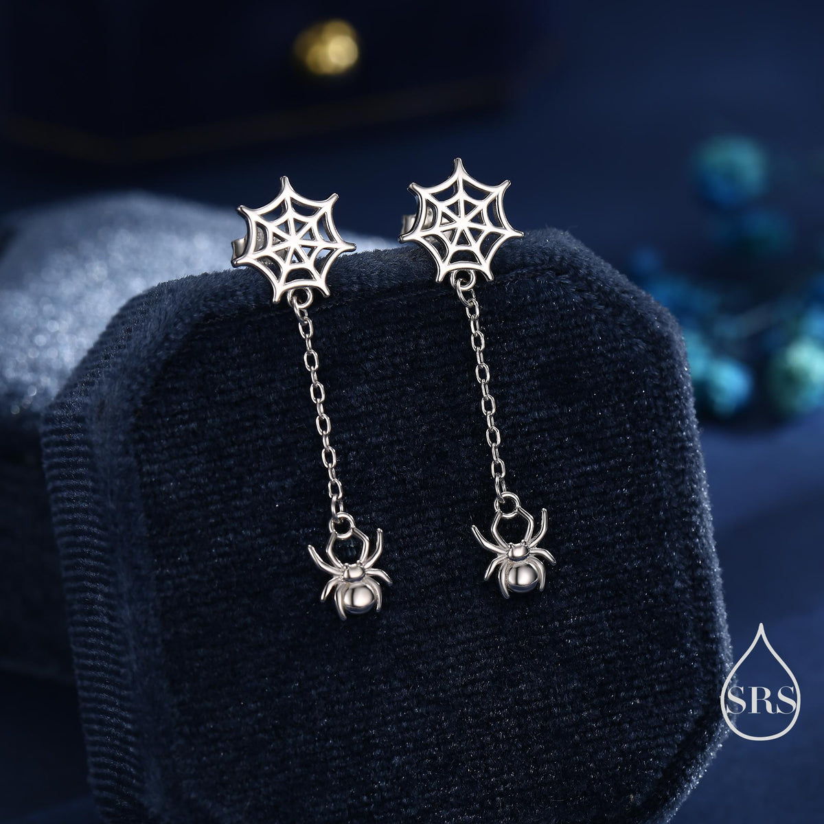 Dangling Spider and Spider Web Stud Earrings in Sterling Silver, Silver or Gold or Rose Gold, Nature Inspired, Insect Earrings