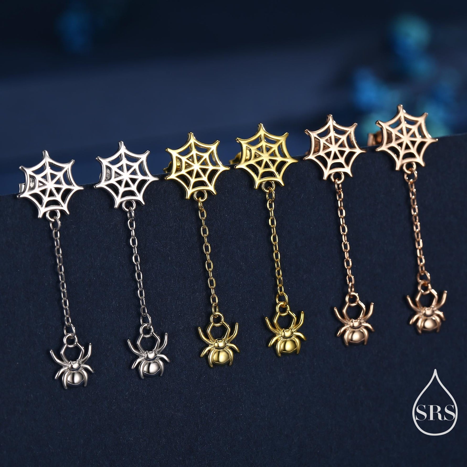 Dangling Spider and Spider Web Stud Earrings in Sterling Silver, Silver or Gold or Rose Gold, Nature Inspired, Insect Earrings