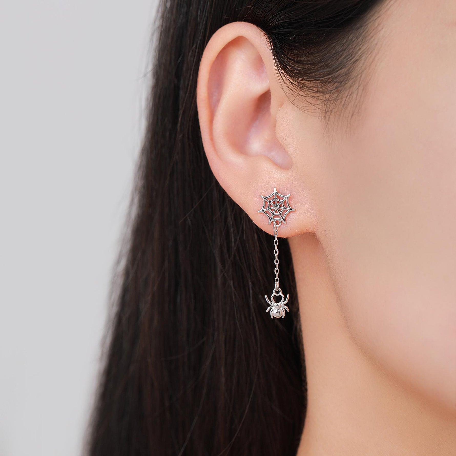 Dangling Spider and Spider Web Stud Earrings in Sterling Silver, Silver or Gold or Rose Gold, Nature Inspired, Insect Earrings