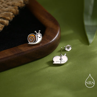 Enamel Snail Stud Earrings in Sterling Silver, Cute Snail Stud, Nature Inspired Design