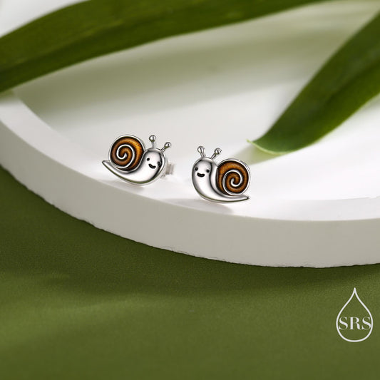 Enamel Snail Stud Earrings in Sterling Silver, Cute Snail Stud, Nature Inspired Design