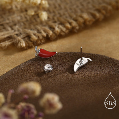Enamel Chilli Pepper Stud Earrings in Sterling Silver, Green Chilli or Red Chilli Earrings, Chilli Pepper Earrings