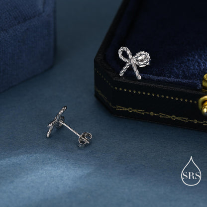 Braided Ribbon Bow Stud Earrings in Sterling Silver, Available in Silver, Gold or Rose Gold, Ribbon Earrings, Ribbon Bow Earrings