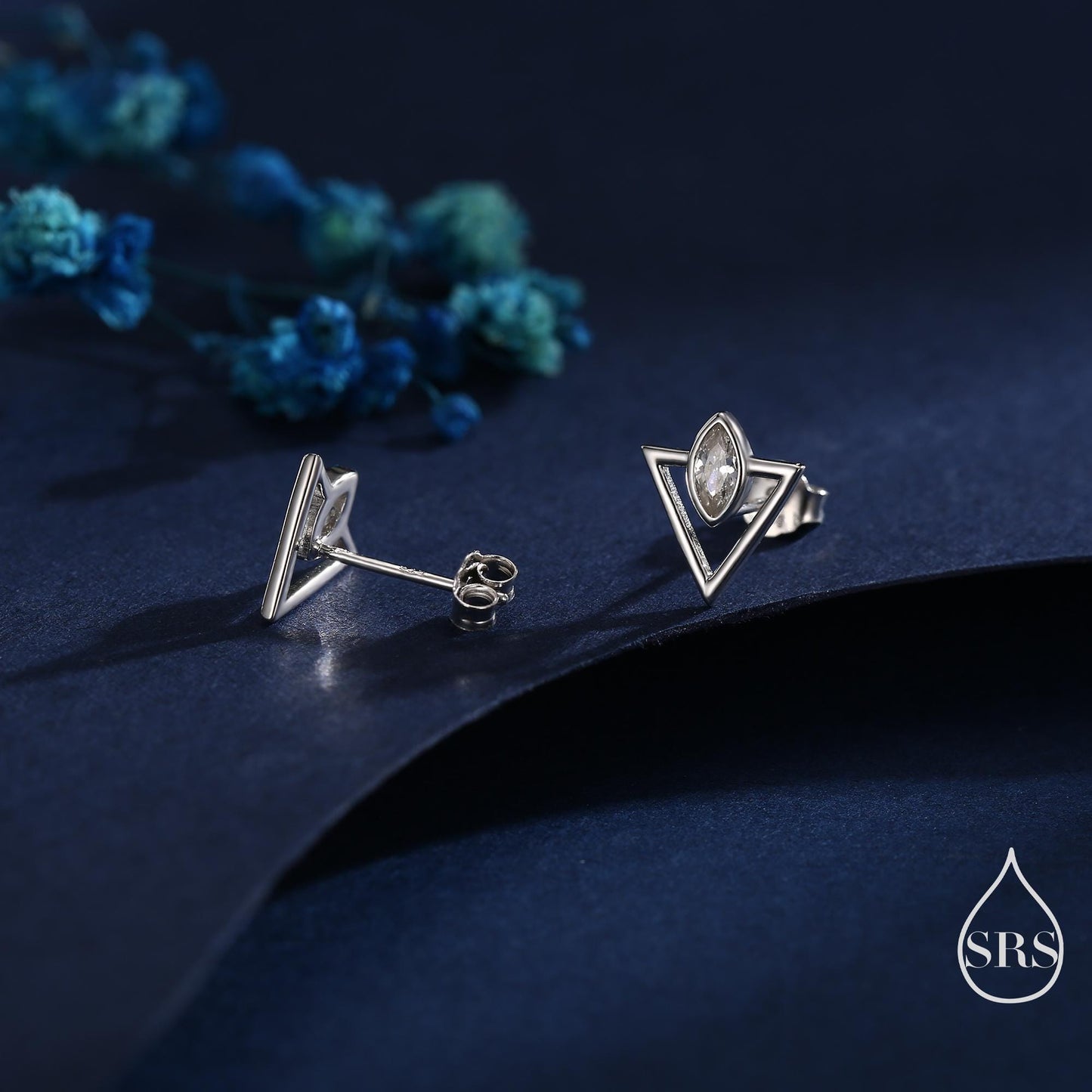 Sterling Silver Triangle and Marquise CZ Arrow Arrowhead Stud Earrings, Silver, Gold, Simple and Elegant Jewellery, Open Triangle Earrings