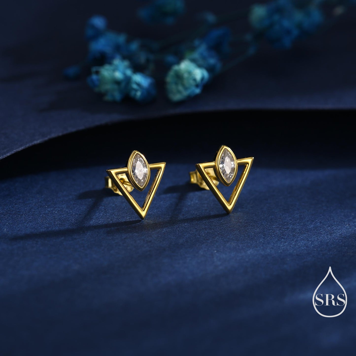 Sterling Silver Triangle and Marquise CZ Arrow Arrowhead Stud Earrings, Silver, Gold, Simple and Elegant Jewellery, Open Triangle Earrings