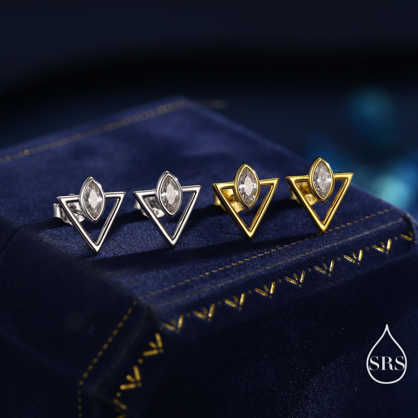 Sterling Silver Triangle and Marquise CZ Arrow Arrowhead Stud Earrings, Silver, Gold, Simple and Elegant Jewellery, Open Triangle Earrings