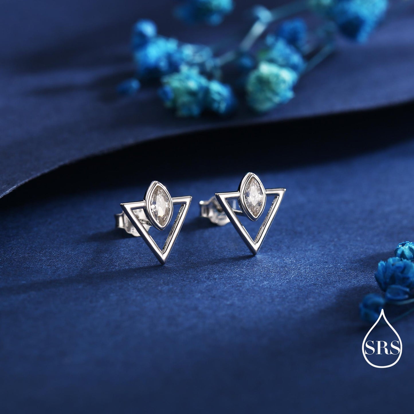 Sterling Silver Triangle and Marquise CZ Arrow Arrowhead Stud Earrings, Silver, Gold, Simple and Elegant Jewellery, Open Triangle Earrings