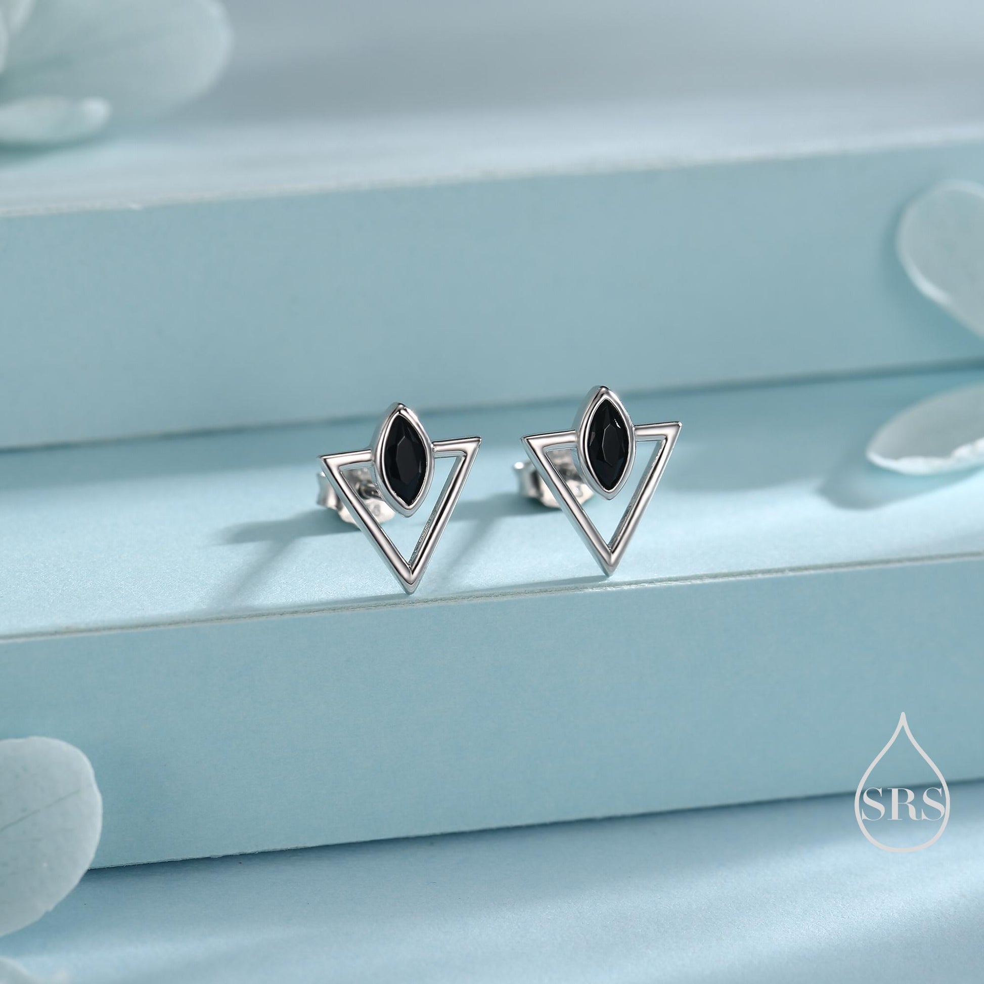 Sterling Silver Triangle and Black Marquise CZ Arrow Arrowhead Stud Earrings, Silver, Gold, Open Triangle Earrings