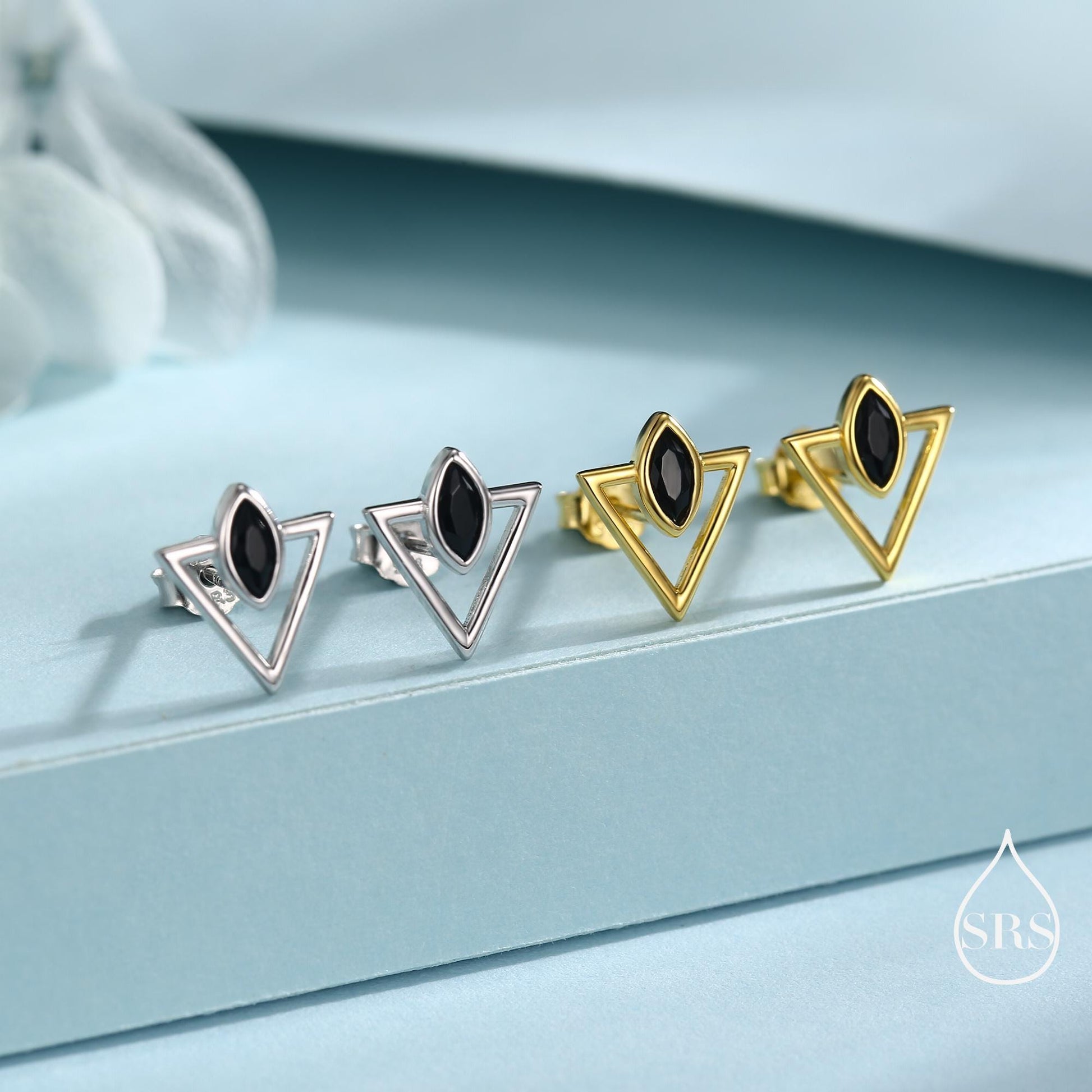Sterling Silver Triangle and Black Marquise CZ Arrow Arrowhead Stud Earrings, Silver, Gold, Open Triangle Earrings