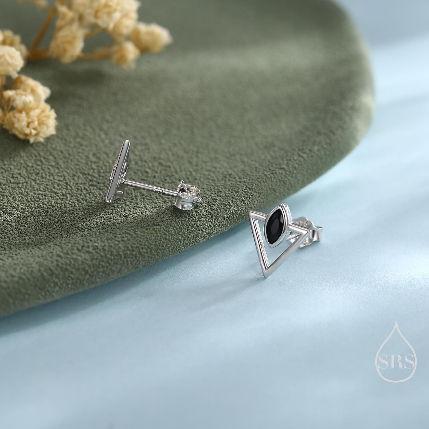 Sterling Silver Triangle and Black Marquise CZ Arrow Arrowhead Stud Earrings, Silver, Gold, Open Triangle Earrings