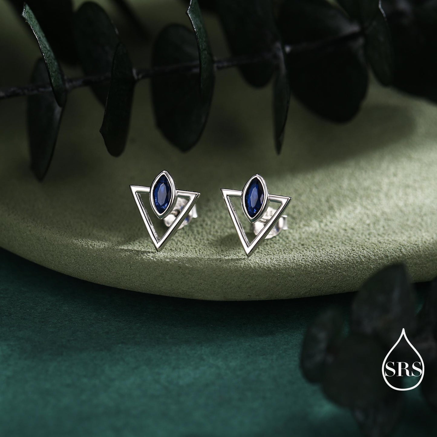 Sterling Silver Triangle and Sapphire Blue Marquise CZ Arrow Arrowhead Stud Earrings, Silver, Gold, Open Triangle Earrings
