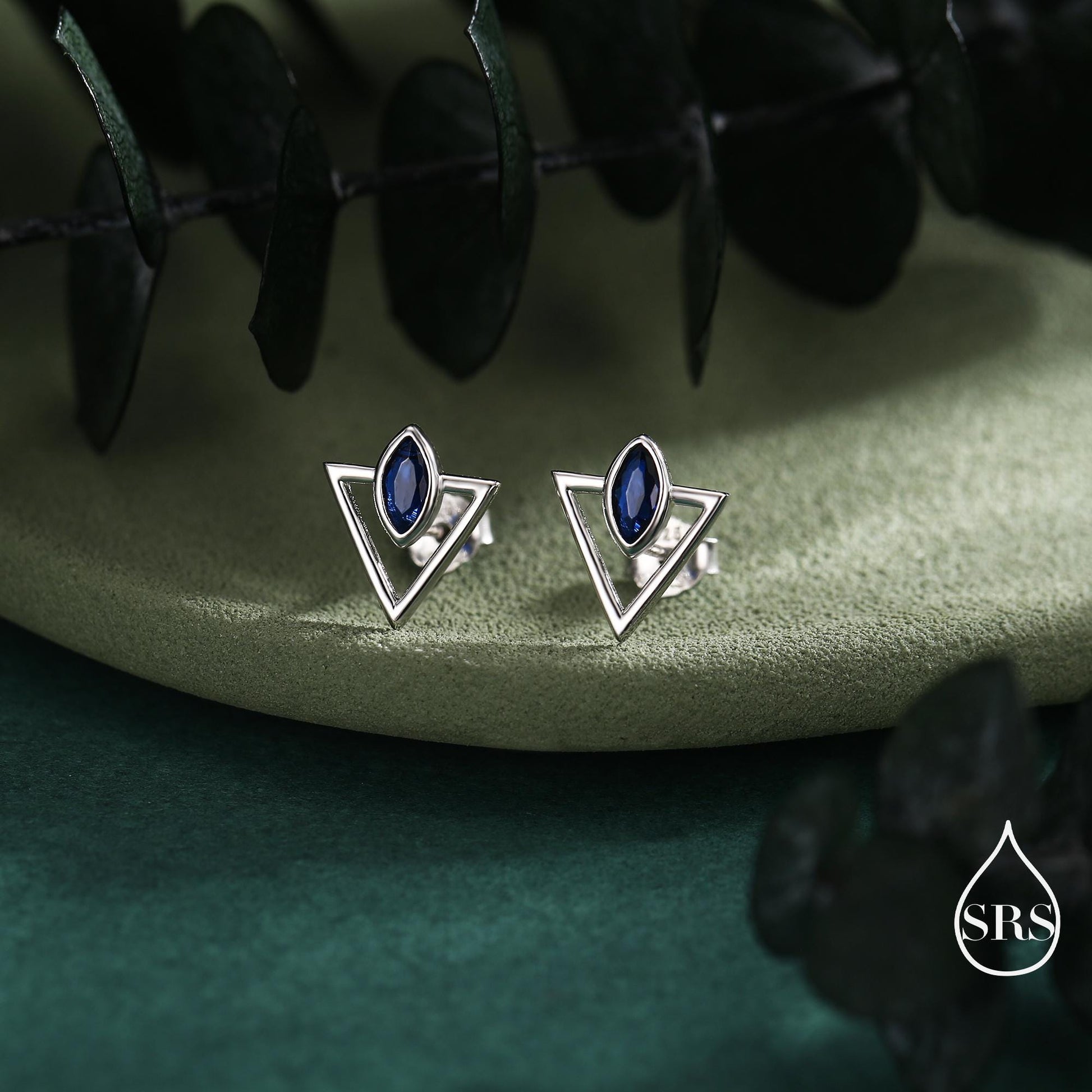 Sterling Silver Triangle and Sapphire Blue Marquise CZ Arrow Arrowhead Stud Earrings, Silver, Gold, Open Triangle Earrings