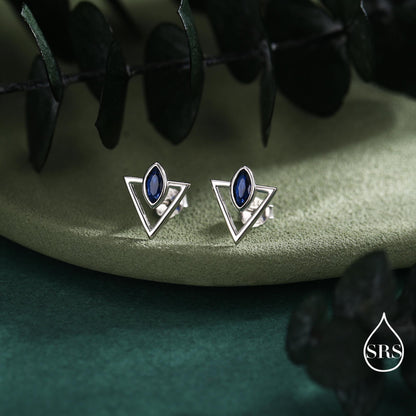Sterling Silver Triangle and Sapphire Blue Marquise CZ Arrow Arrowhead Stud Earrings, Silver, Gold, Open Triangle Earrings