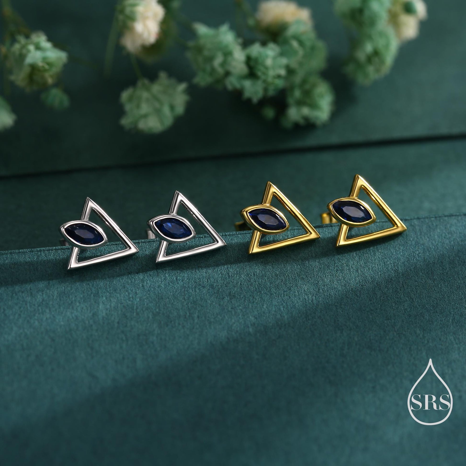 Sterling Silver Triangle and Sapphire Blue Marquise CZ Arrow Arrowhead Stud Earrings, Silver, Gold, Open Triangle Earrings