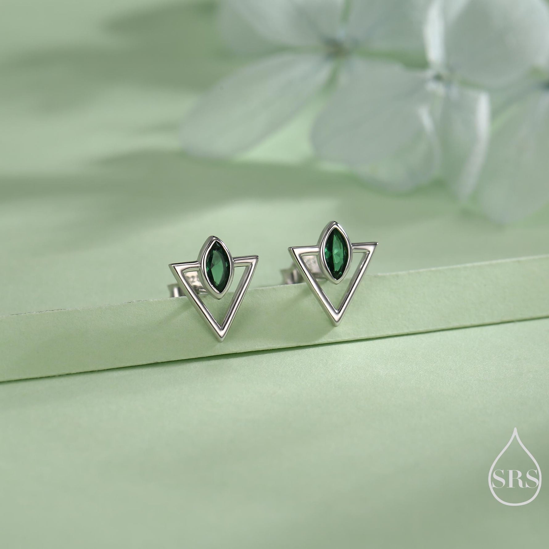 Sterling Silver Triangle and Emerald Green Marquise CZ Arrow Arrowhead Stud Earrings, Silver, Gold, Open Triangle Earrings