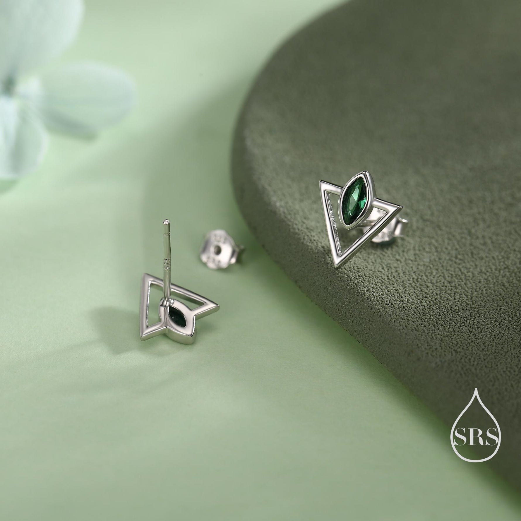 Sterling Silver Triangle and Emerald Green Marquise CZ Arrow Arrowhead Stud Earrings, Silver, Gold, Open Triangle Earrings