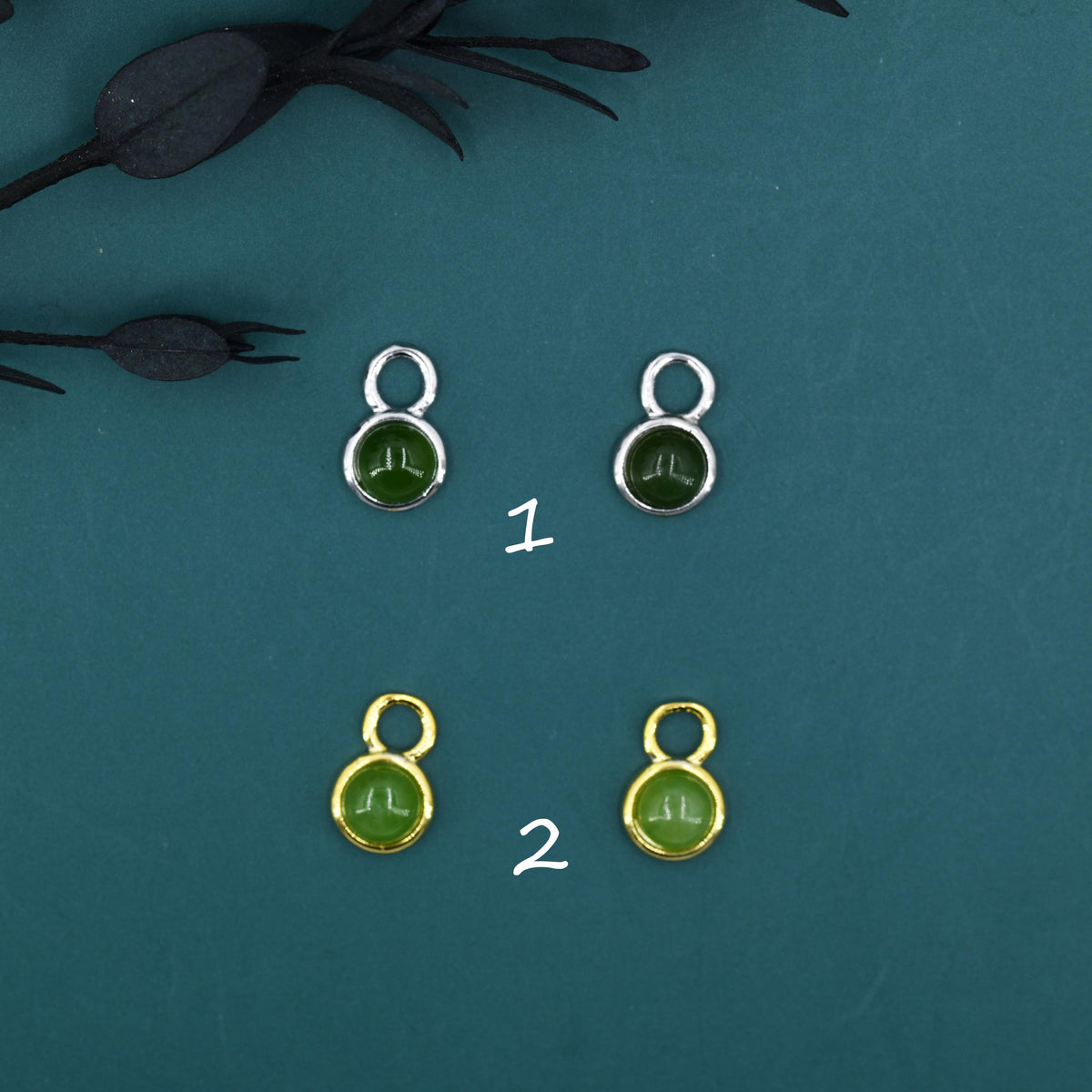 Natural Jasper Jade Charms for Huggie Hoops, Sterling Silver Round Circle Jade Charms for Earrings, Detachable, Silver or Gold