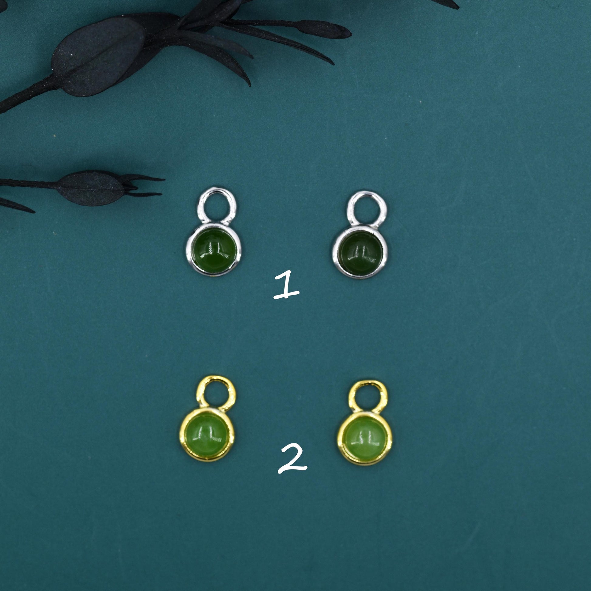 Natural Jasper Jade Charms for Huggie Hoops, Sterling Silver Round Circle Jade Charms for Earrings, Detachable, Silver or Gold