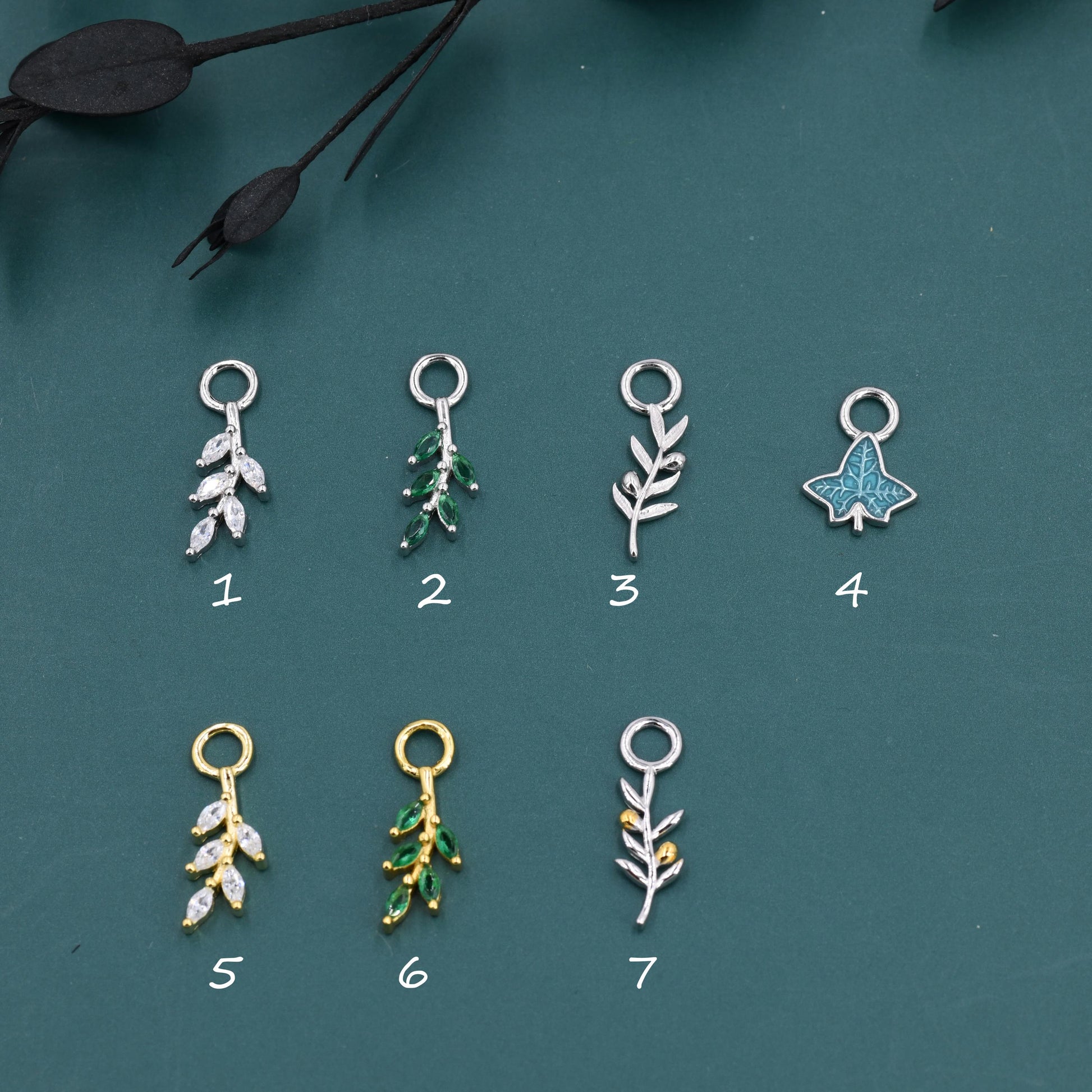 CZ and Enamel Leaf Charms for Huggie Hoops in Sterling Silver, Nature-Inspired Botanical Charms for Hoops Earrings, Leaf Hoop Charms