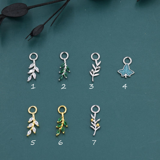 CZ and Enamel Leaf Charms for Huggie Hoops in Sterling Silver, Nature-Inspired Botanical Charms for Hoops Earrings, Leaf Hoop Charms