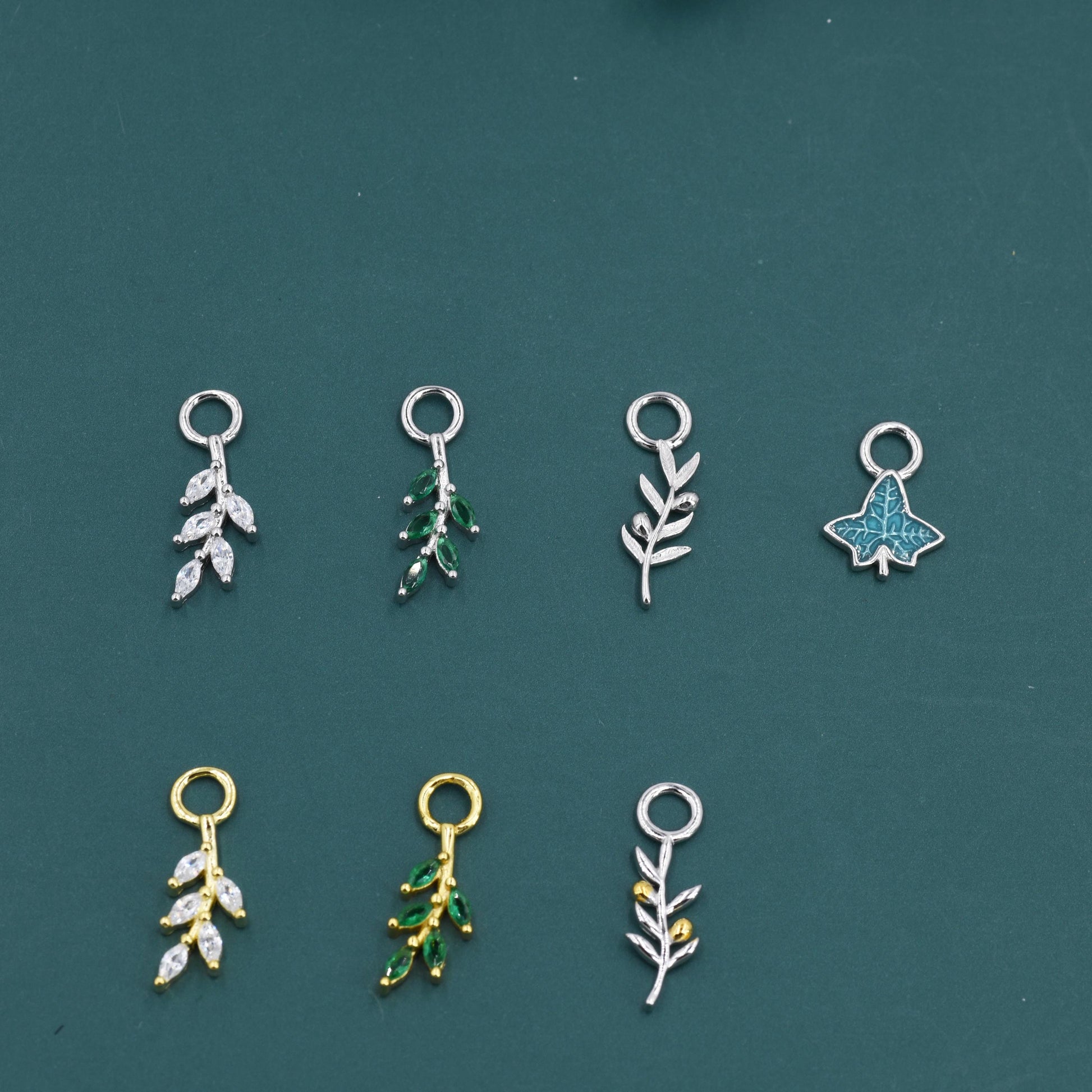 CZ and Enamel Leaf Charms for Huggie Hoops in Sterling Silver, Nature-Inspired Botanical Charms for Hoops Earrings, Leaf Hoop Charms